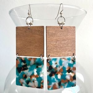 Wood N Turquoise, Brown, Black, & White Speckled Square Earrings